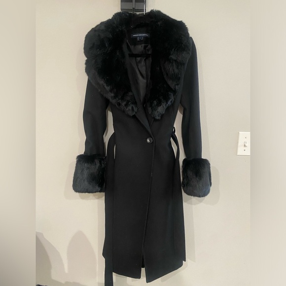 Vintage French Connection Wool Trench Coat with Faux Fur Collar & Cuffs - Picture 3 of 4